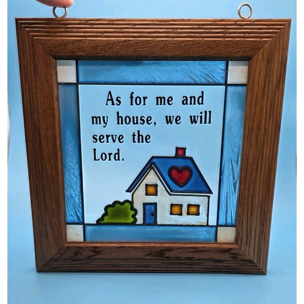 Framed Stained Glass Hanging Decor 9x9 "As For Me And My House...Serve The Lord"